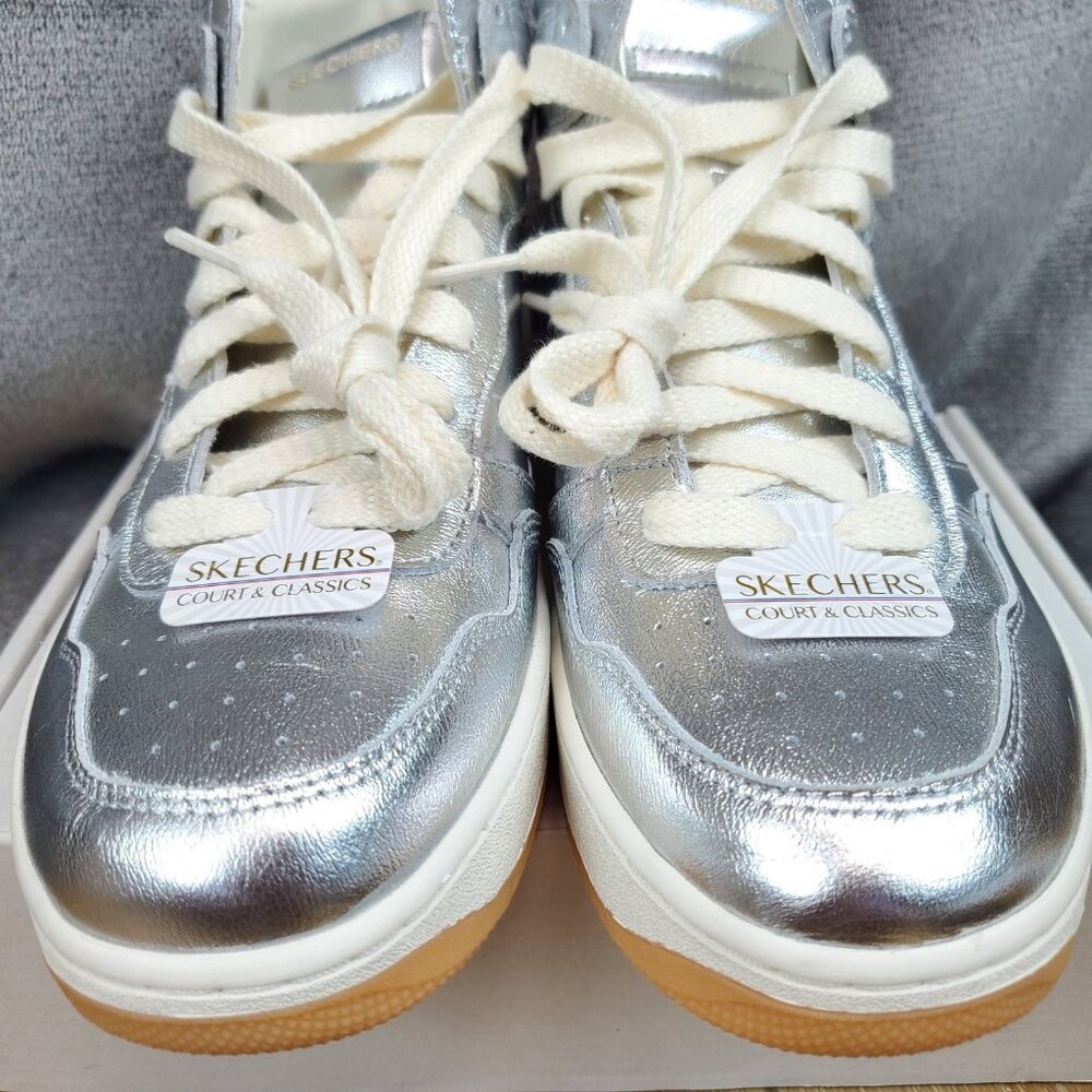Skechers Court High Tops Metallic Silver Womens 8 Moon Y3K Futuristic Leather